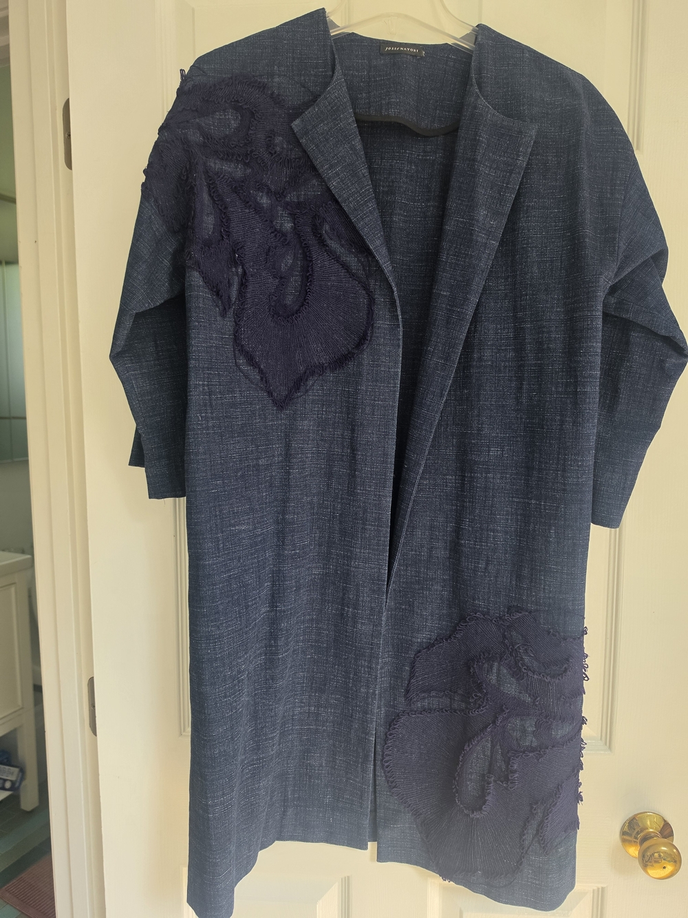 Natori Navy Open-Front Trench Coat with Embroidered Appliqué